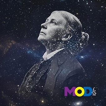 A figure gazes upwards against a cosmic background filled with swirling galaxies and stars, creating a sense of vastness. The figure is depicted in monochrome, wearing formal attire that contrasts with the vibrant celestial hues. The facial expression is contemplative, adding depth to the pose. In the lower right corner, the text “MODfest” is displayed in bold, colorful lettering.